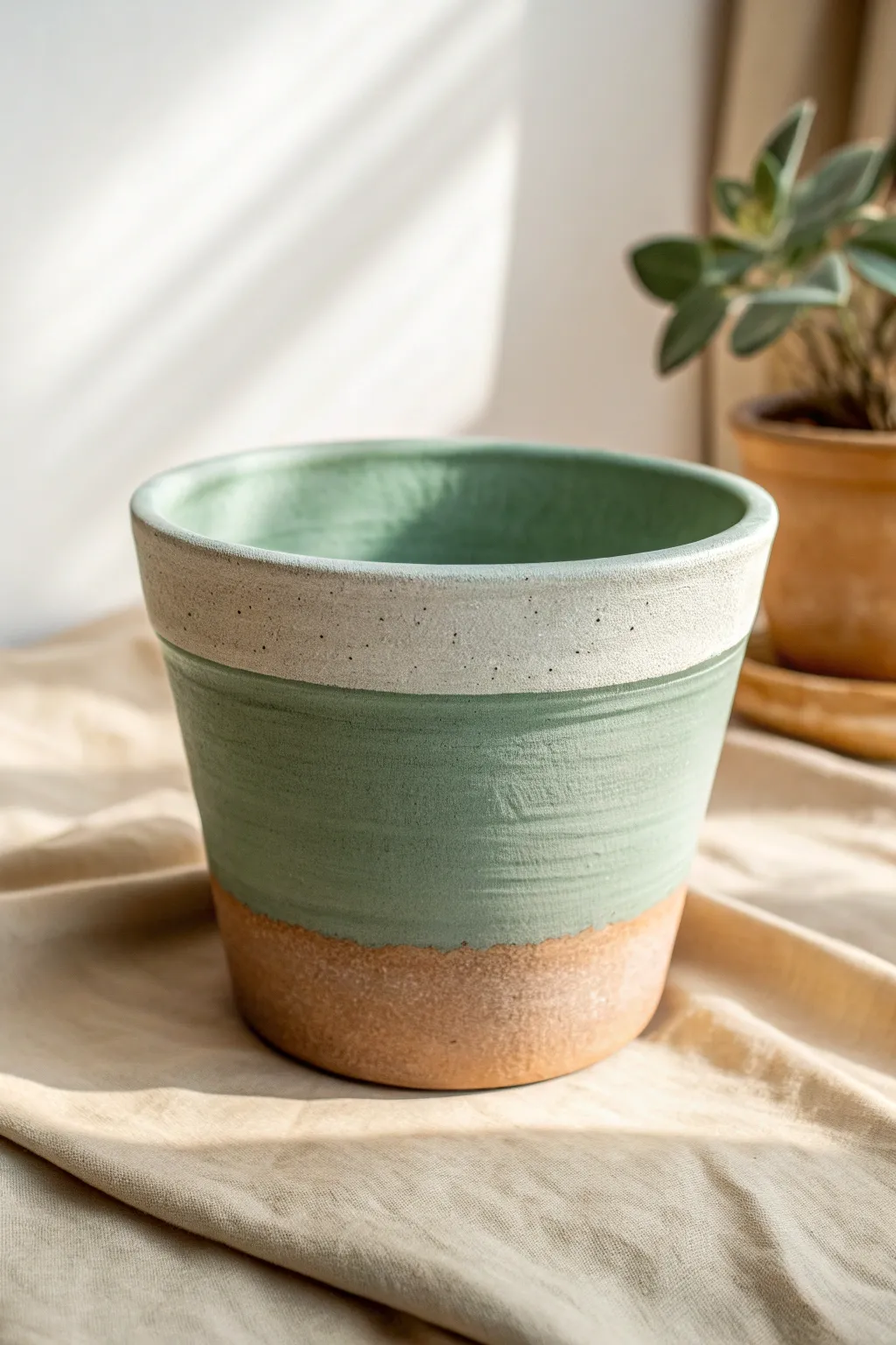 Two-tone dip-dyed terracotta pot in sage and natural clay for a clean, modern finish.
