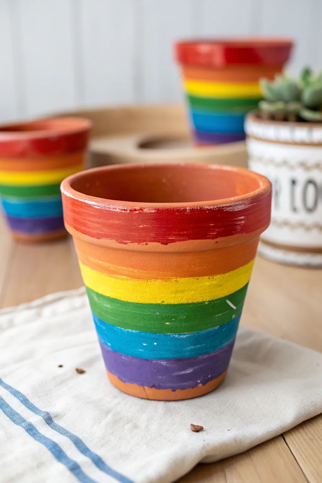 Chunky rainbow stripes make this kid-friendly clay pot pop, with a simple diagonal variation nearby.