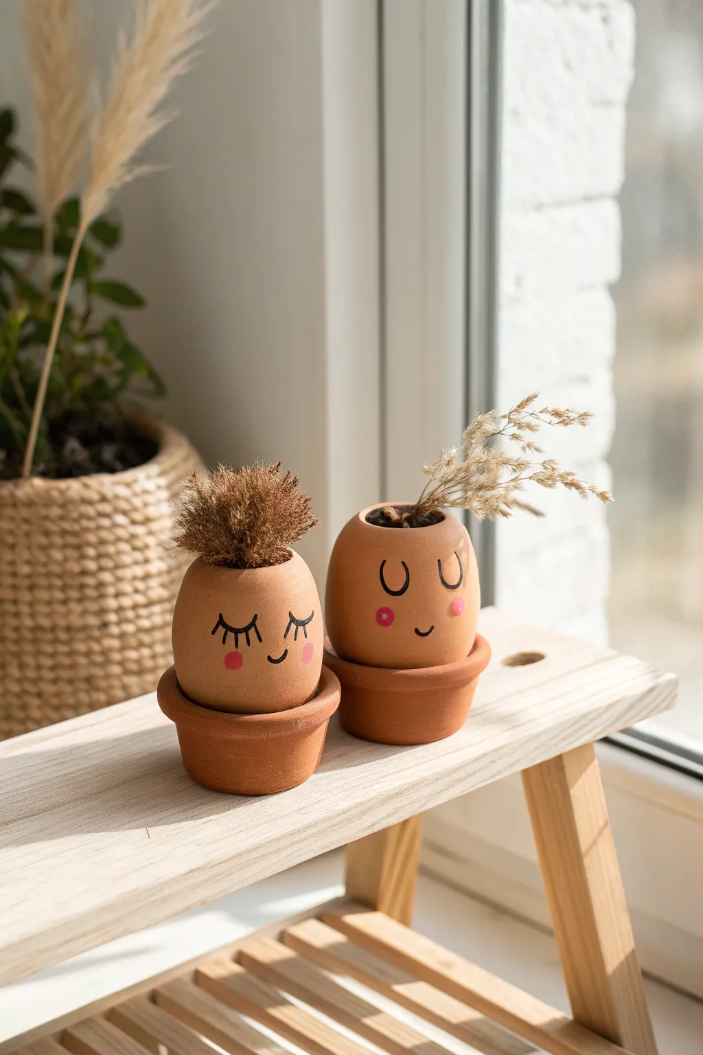 Sweet clay pot couple on a tiny bench, minimalist boho charm for your cozy shelf.