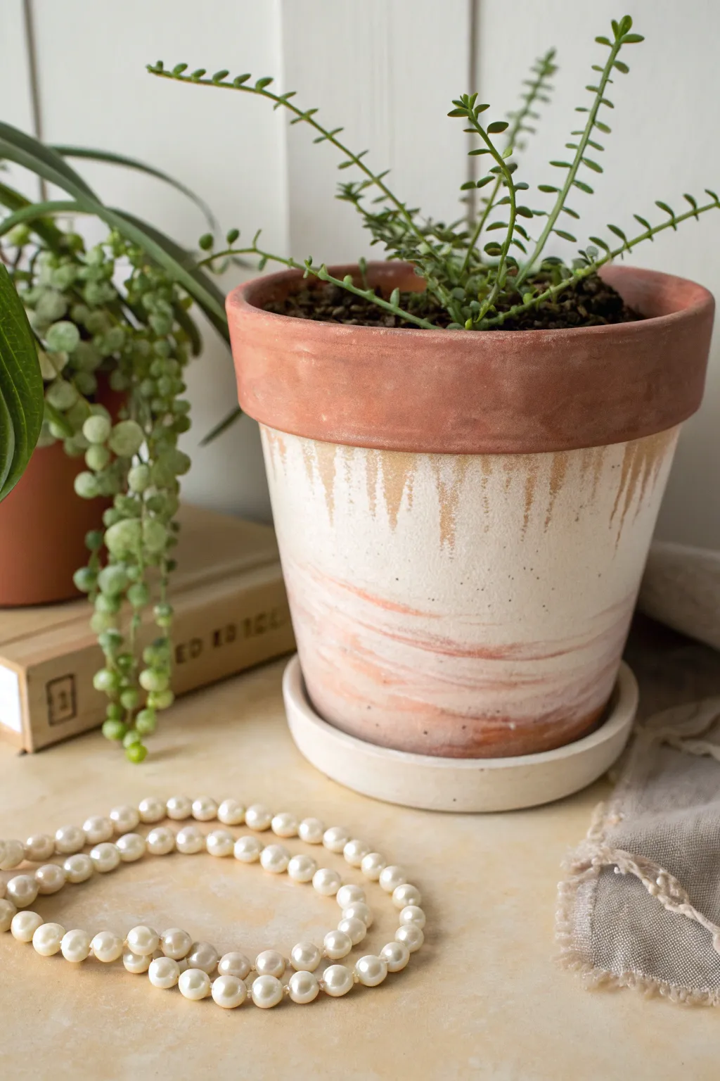 Soft ombre clay pot planter with trailing greenery for a calm minimalist-boho shelf moment.