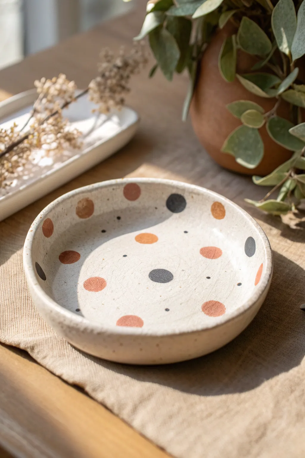 Playful polka dot trinket dish in soft neutrals, minimal yet charming for everyday treasures