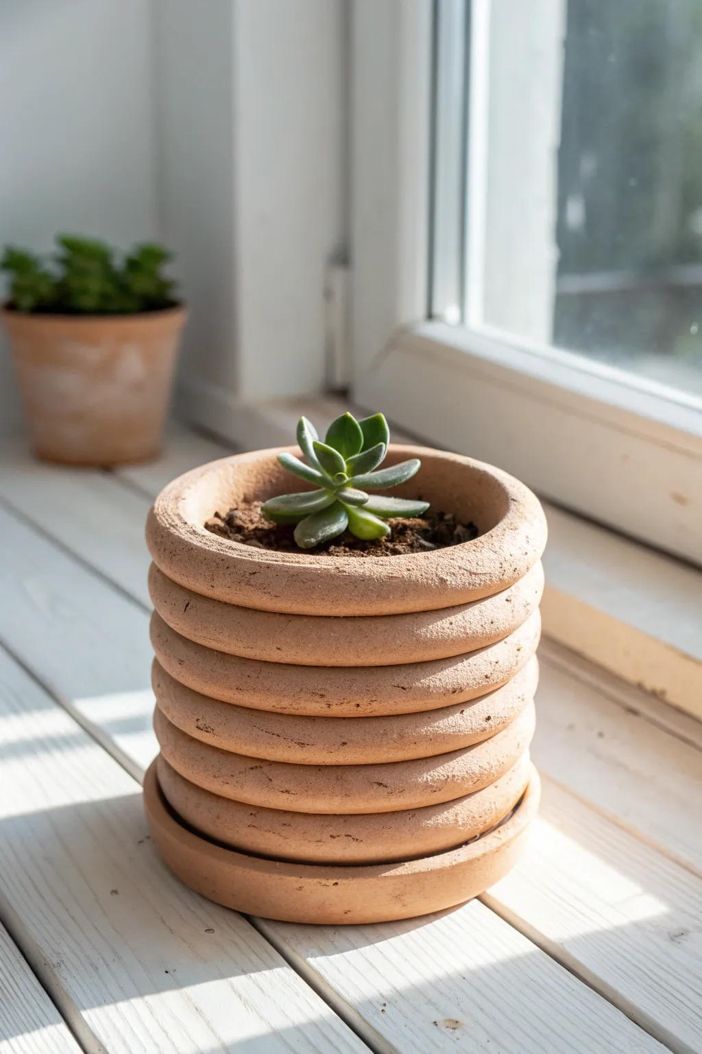 Chunky coil-built planter with a happy succulent, an easy clay idea for herbs and windowsills.