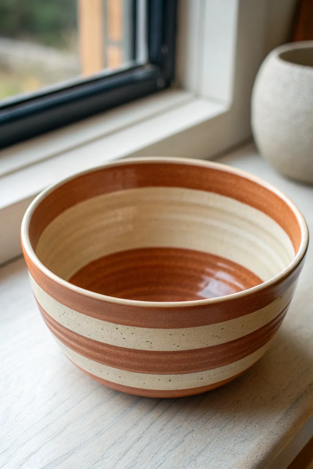 Classic striped pottery bowl in complementary tones, minimalist and boho, crisp bands with handmade charm