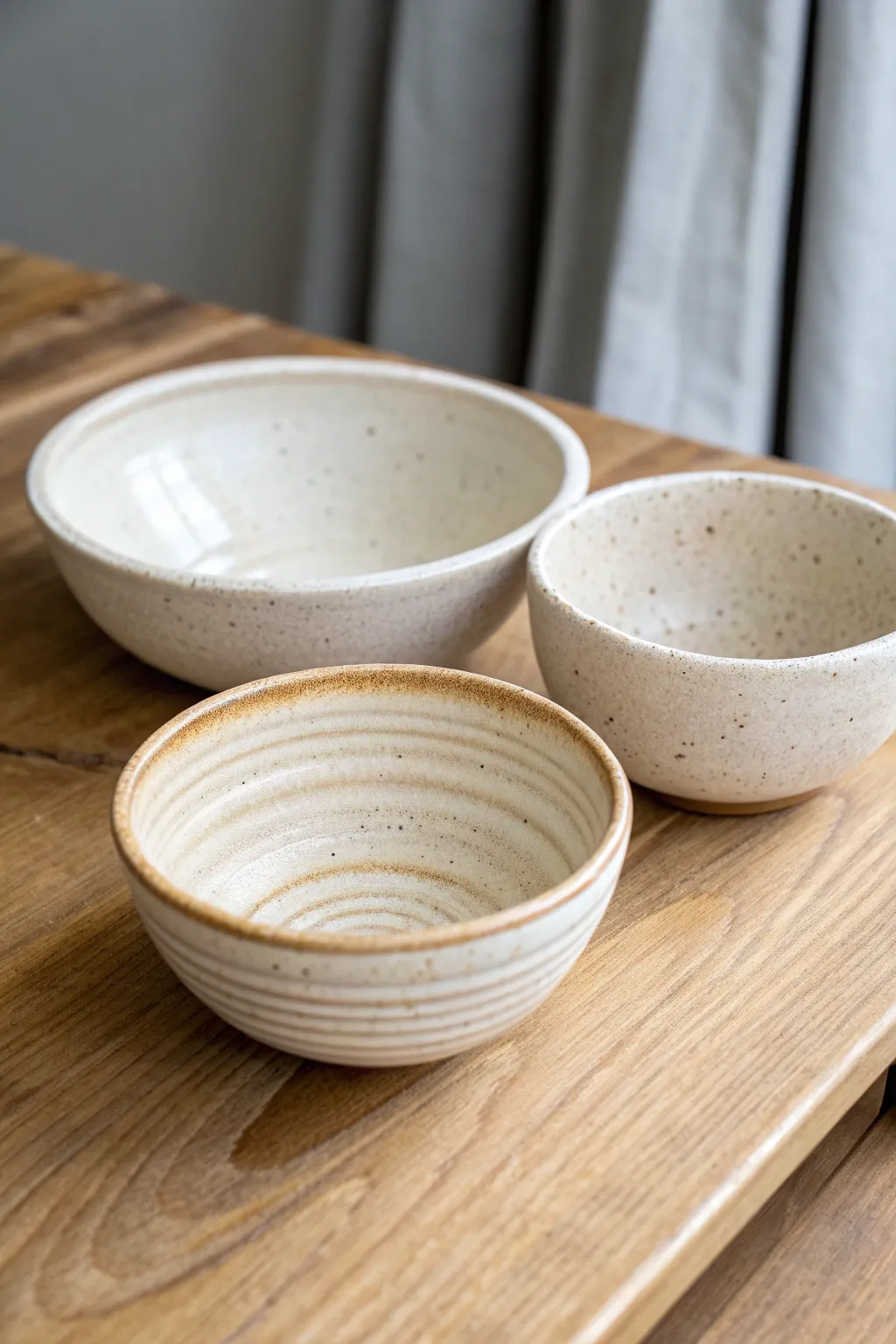 Three beginner-friendly handbuilt bowls: pinch, coil, and slab, styled in calm minimalist tones.