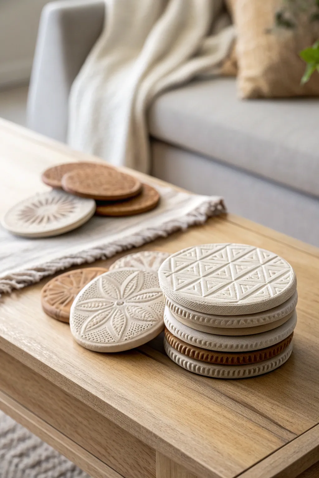 Stamped clay coasters in soft neutrals, stacked neatly with crisp texture and cozy minimal style.