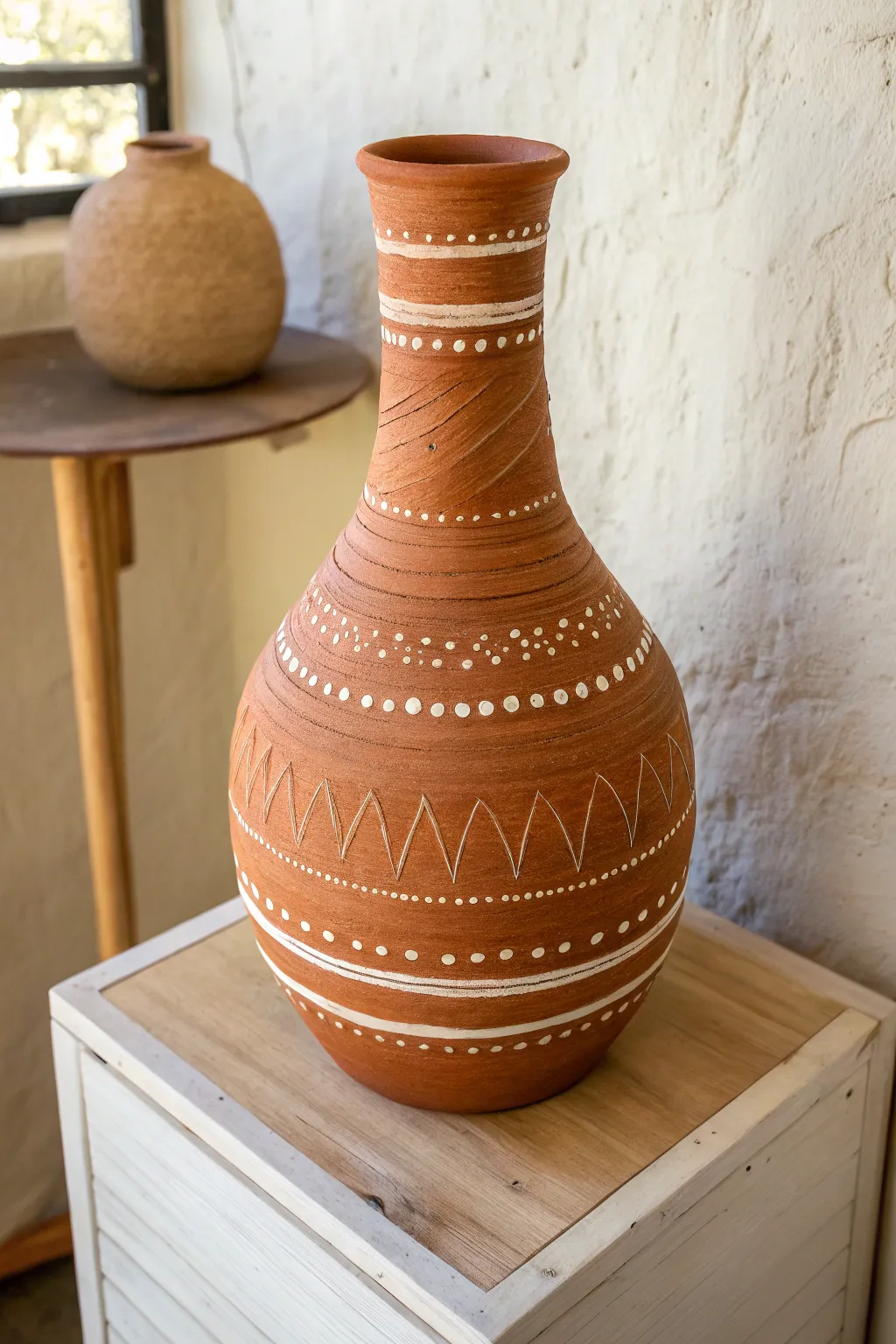 High school clay idea: a coil-built texture vessel with visible coils and easy stamped details.