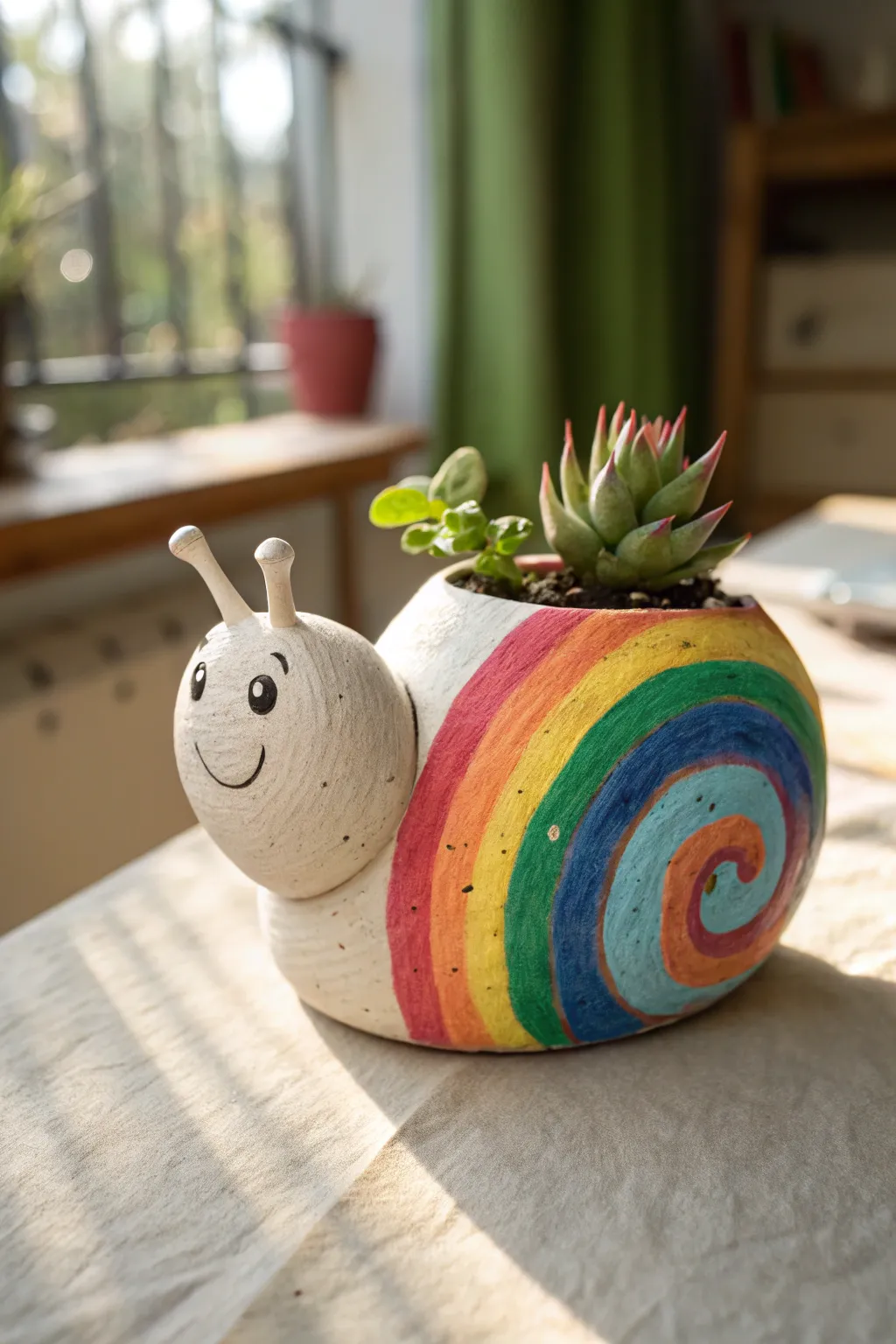 Rainbow coil snail pot in bright stripes, a cute kid-friendly clay project with cozy minimal vibes