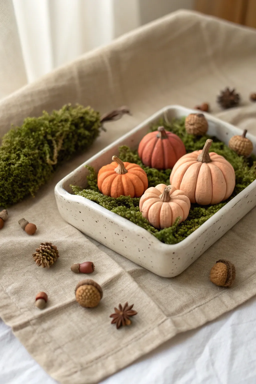 Tiny polymer clay pumpkin patch tray with moss and acorns, styled in soft minimalist neutrals