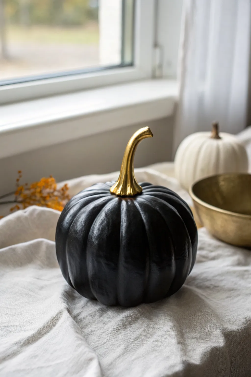 Matte black ceramic pumpkin with a gleaming gold stem, minimal Nordic-boho styling.