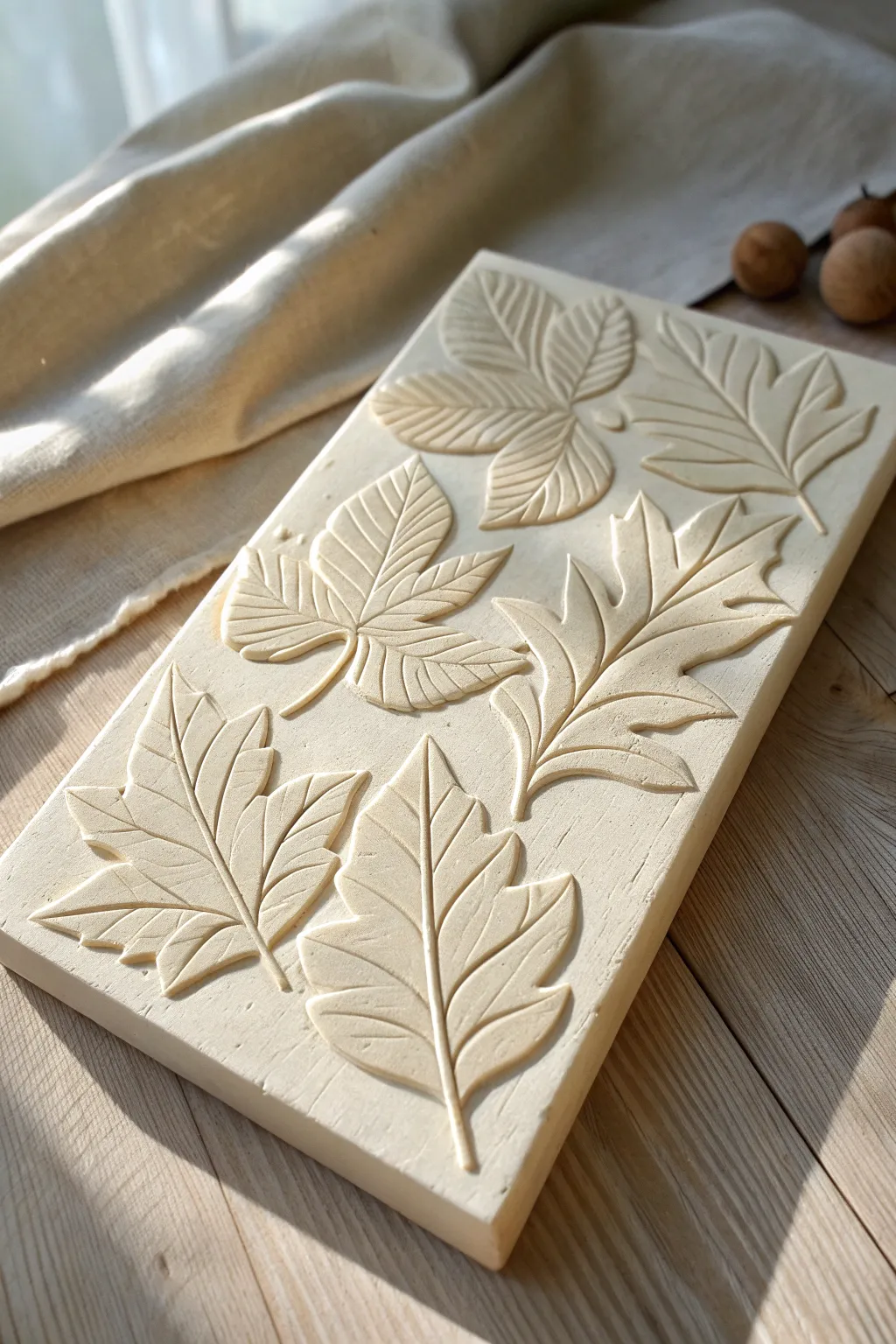 Layered leaf relief on a clean clay slab, where crisp veins and deep shadows do the talking