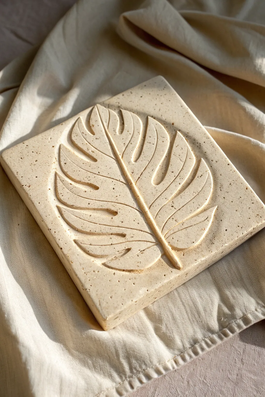 Minimal botanical clay relief tile with crisp leaf veins and soft texture in warm neutrals