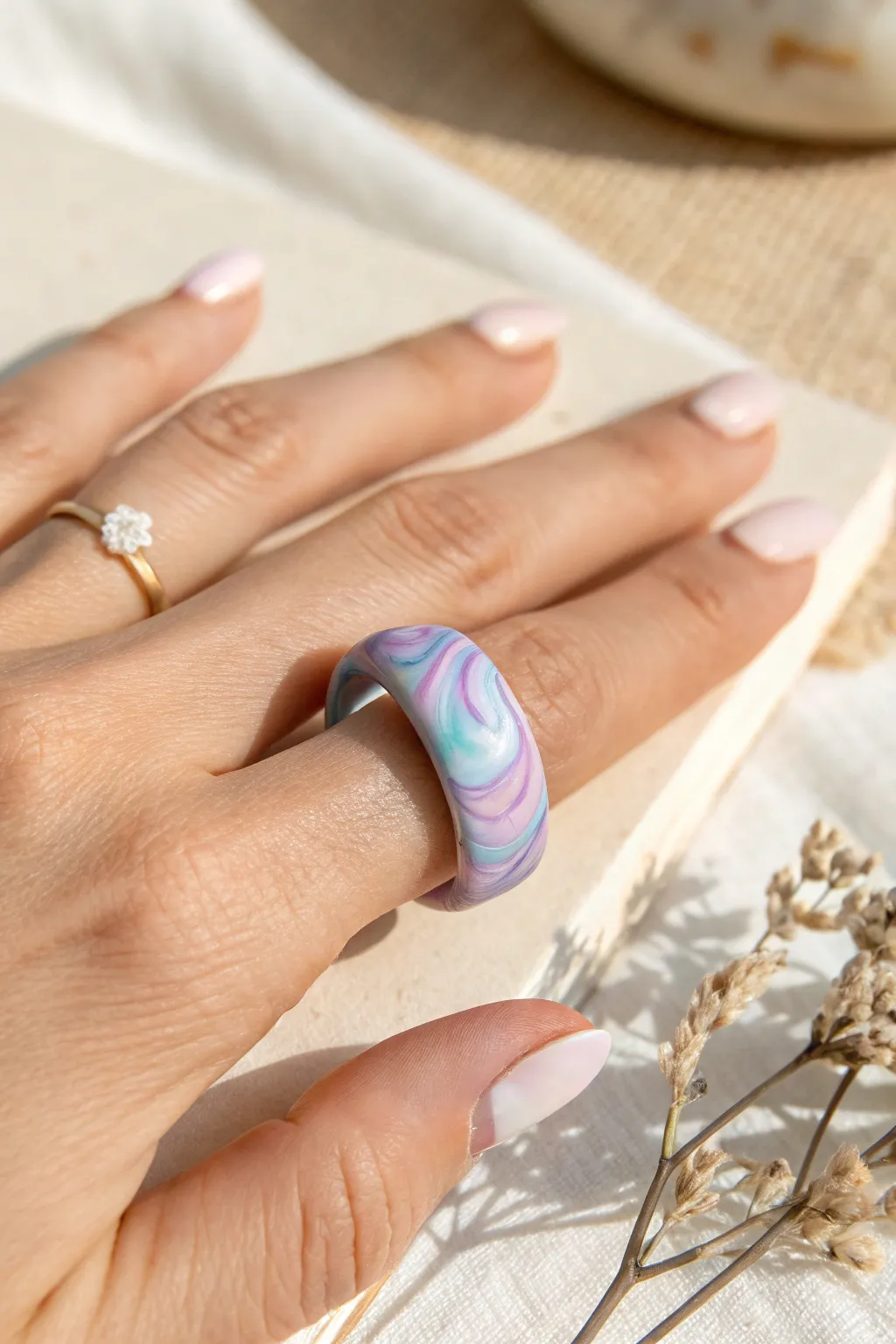 Pastel swirl marble clay ring in lavender and baby blue, simple handmade charm for everyday wear.