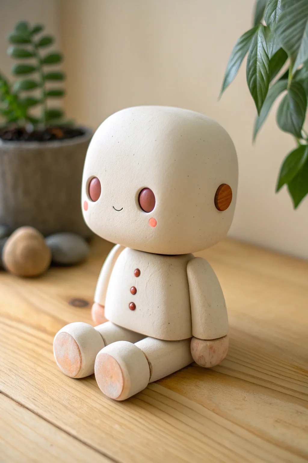 Meet your cute chibi clay robot buddy, rosy-cheeked and ready to brighten your minimalist desk.