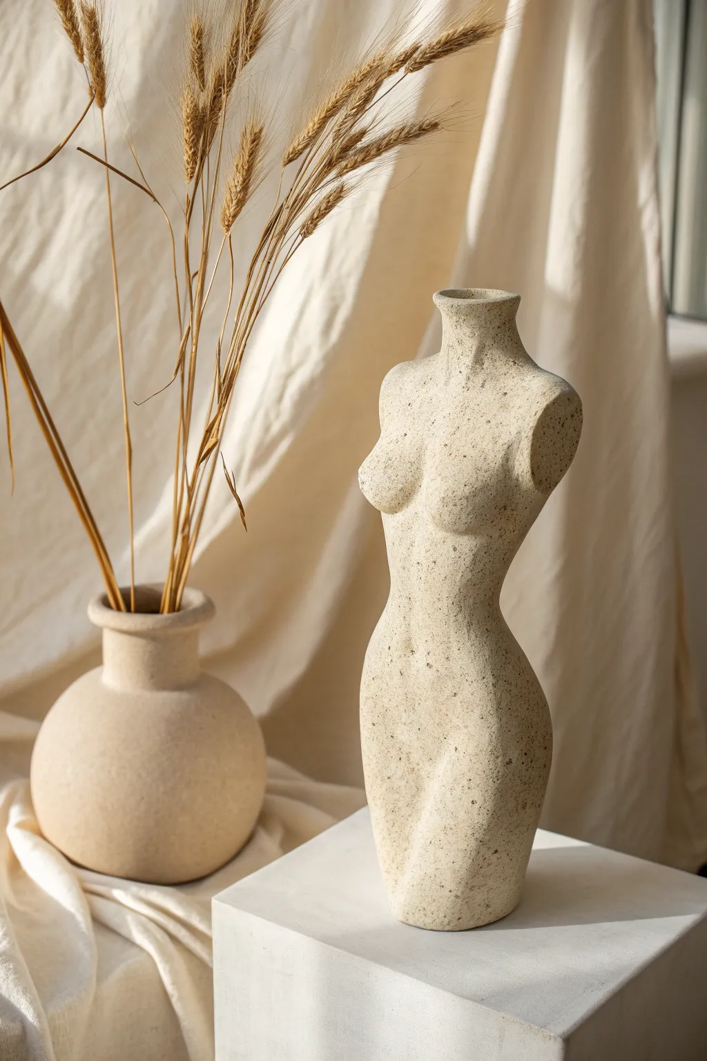 Abstract torso vase with dried stems in soft beige light, a minimalist boho clay sculpture idea