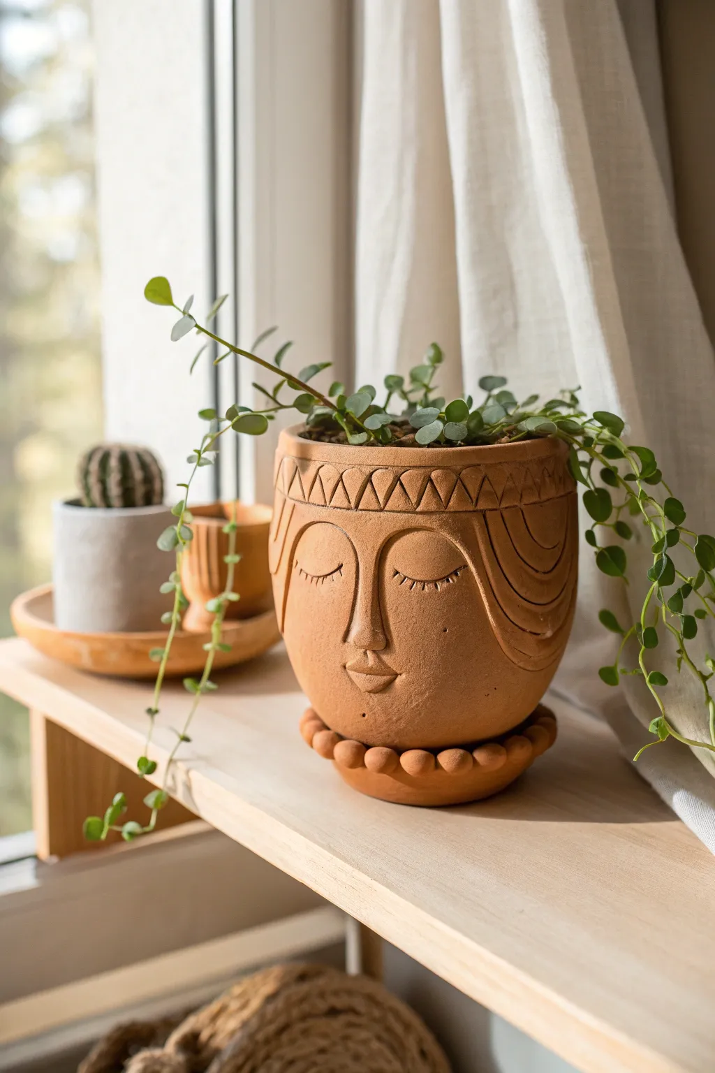 Minimal pinch pot face planter cup with textured hair, perfect for a high school clay project