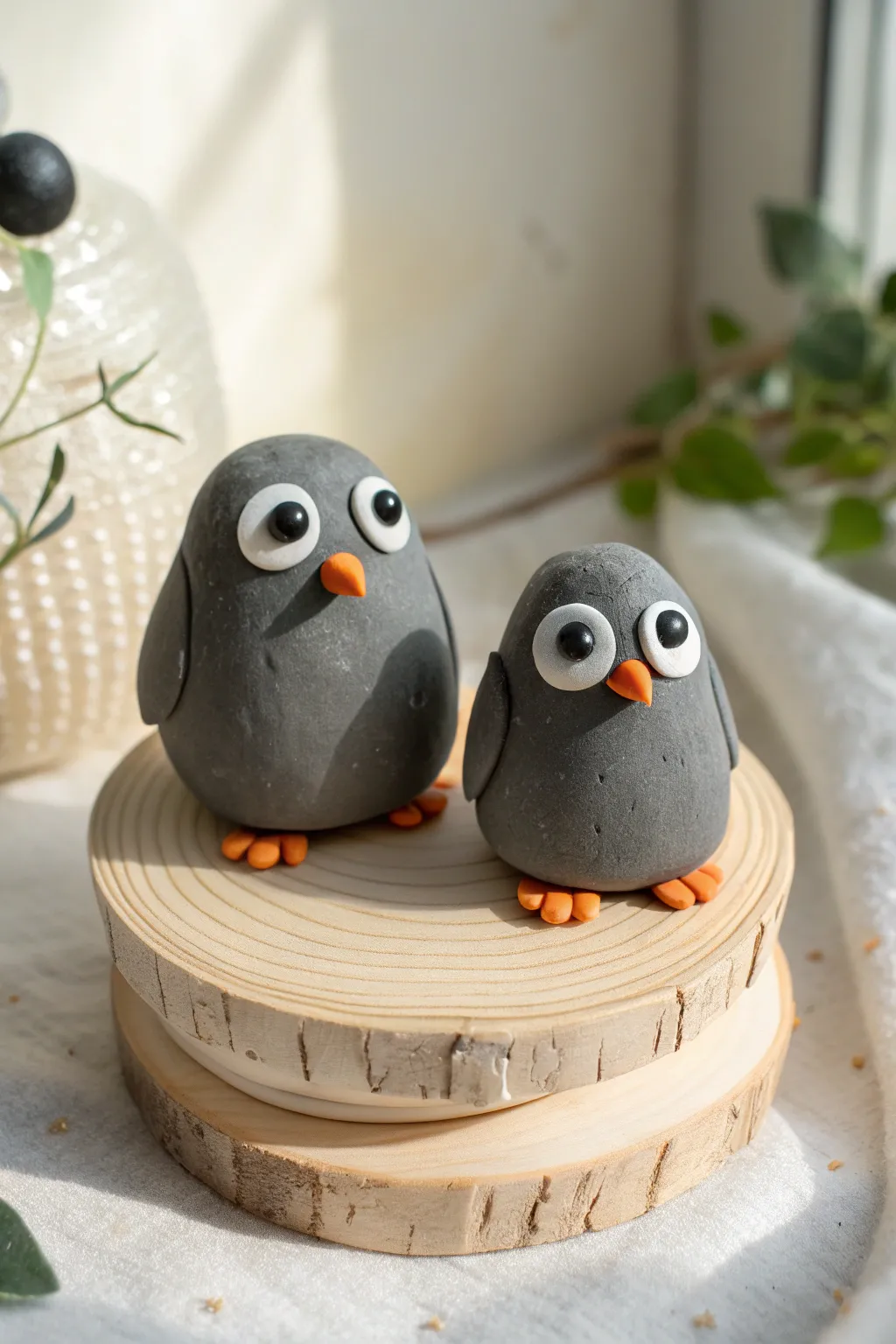 Chubby clay penguins with big eyes, a sweet kid-friendly sculpture in minimalist Nordic style