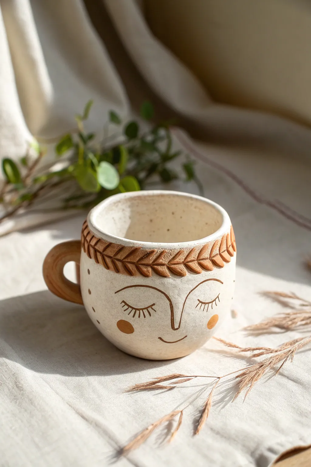 Whimsical face cup sculpture with leafy rim, perfect middle school clay project inspiration.