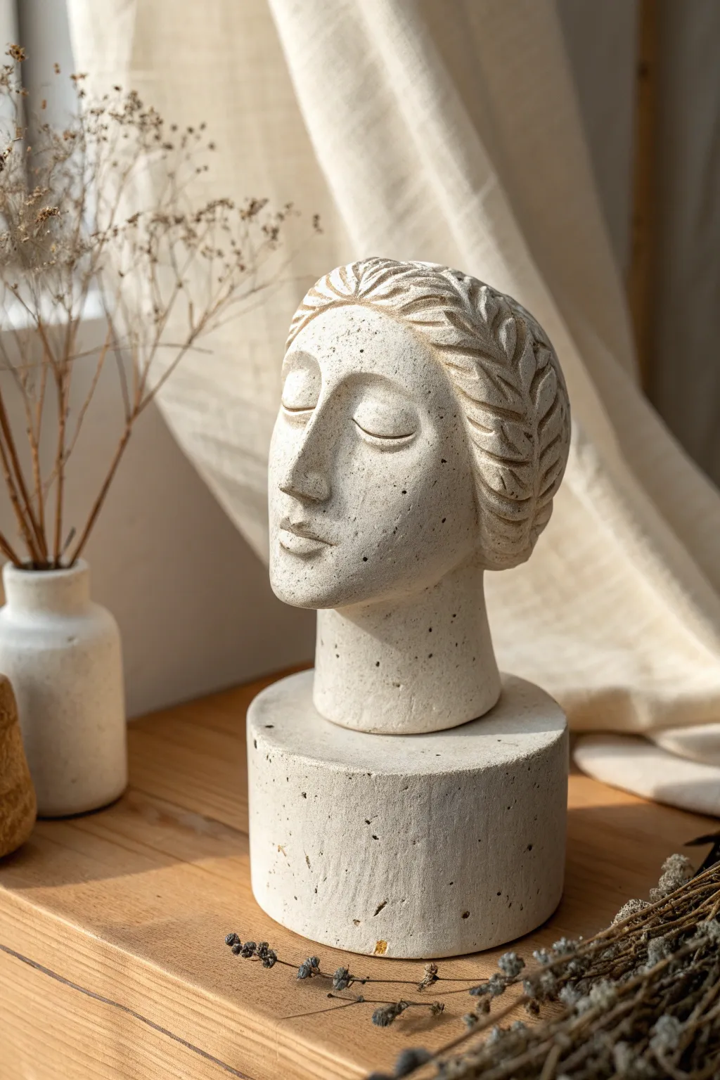 Mini clay bust with stylized features, matte finish, and soft boho minimalism for your shelf.