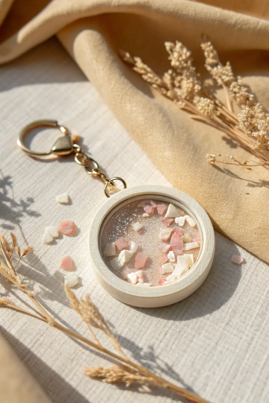 Simple round window shaker charm with soft metallic sparkle in a calm, minimal boho palette