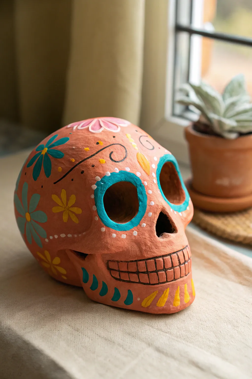 Festive Day of the Dead clay skull in bold colors, handmade and minimalist with soft boho charm
