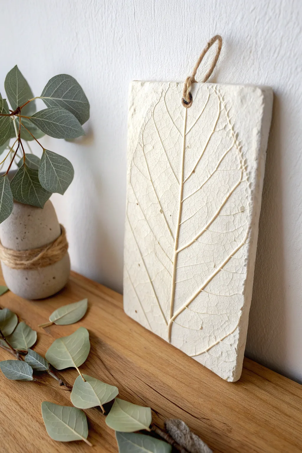 Minimalist botanical clay slab panel with leaf relief, Scandinavian calm with boho warmth.