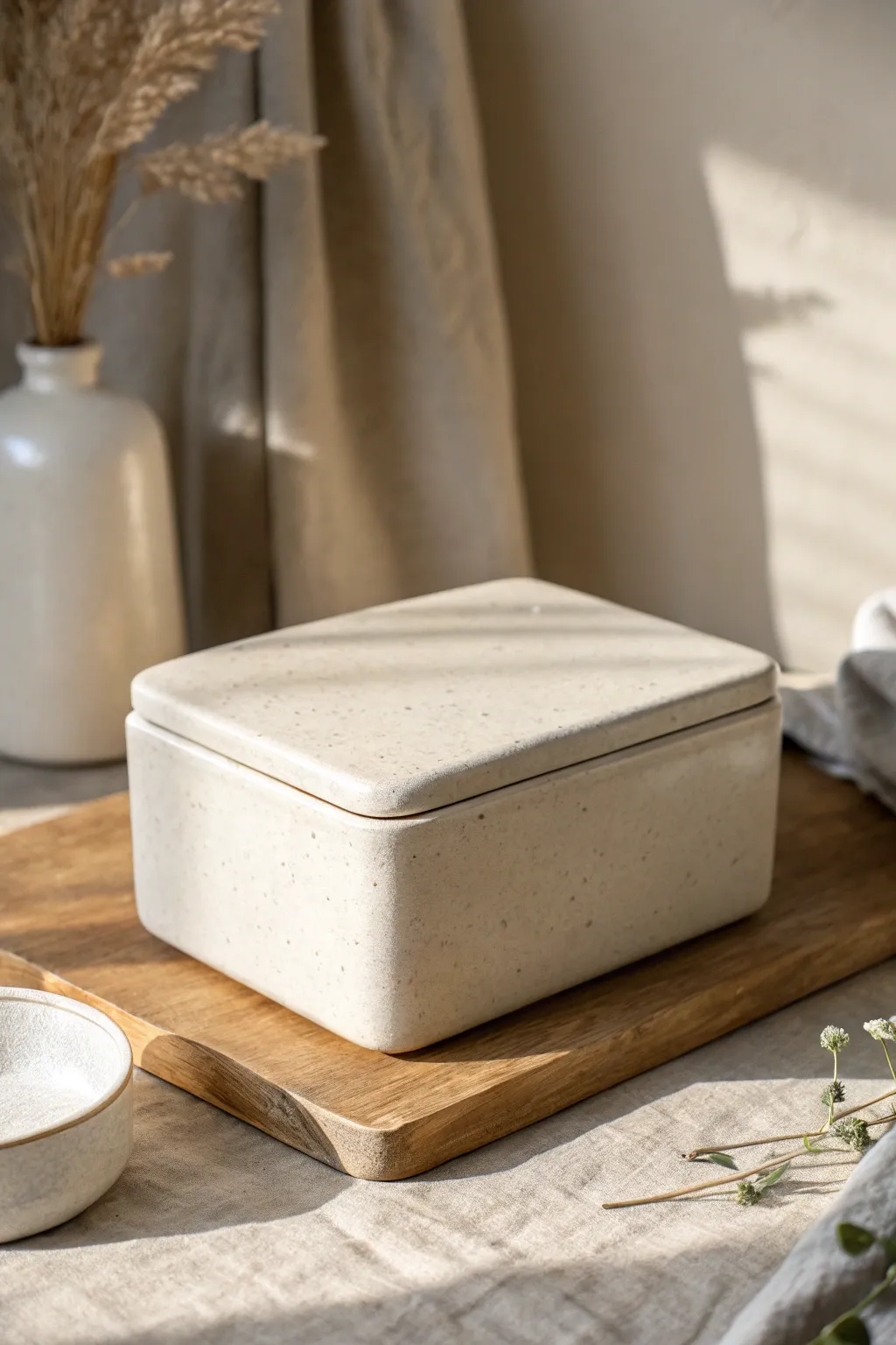 Clean-lined rectangular slab box with fitted lid, minimalist greige clay and soft Nordic light