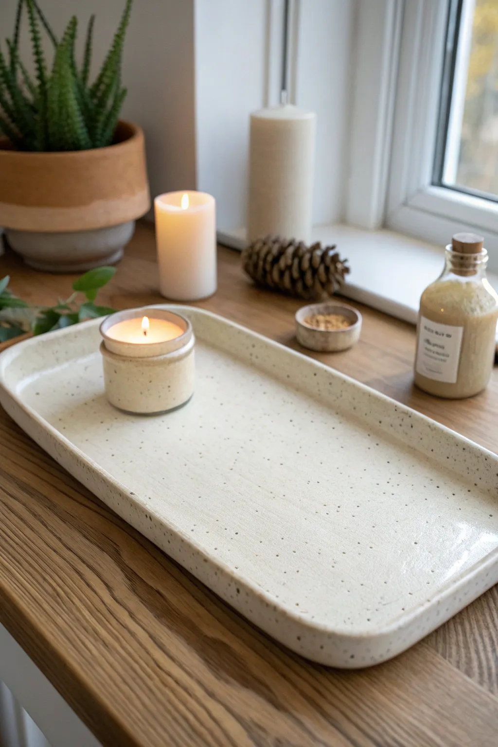 Minimal rectangular slab tray with softly raised sides, styled simply for a calm boho feel