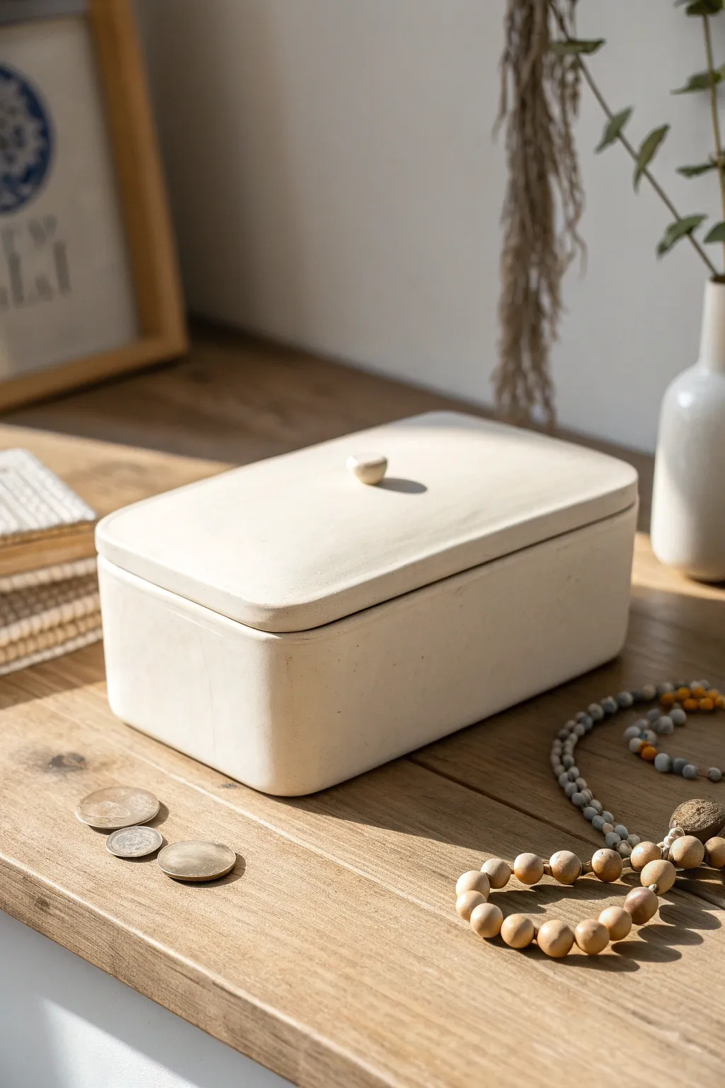 Rectangular slab keepsake box with crisp corners, styled simply with coins and beads for scale.