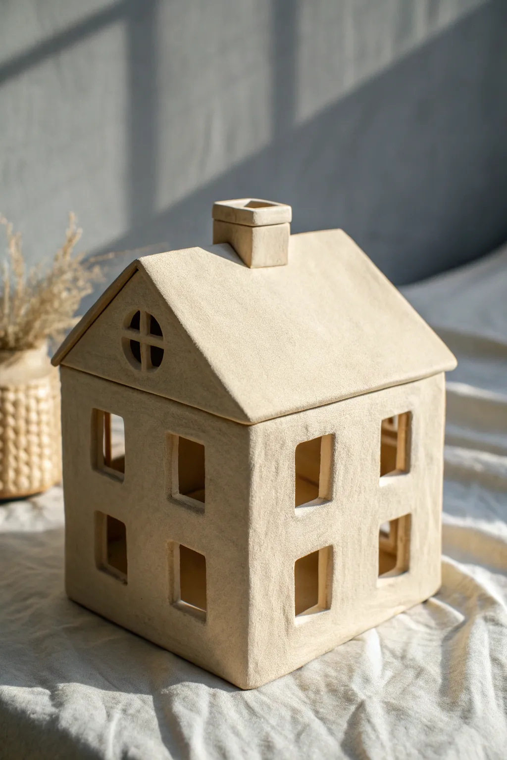 Minimal modern box slab house in matte clay with crisp windows and clean Scandinavian lines.