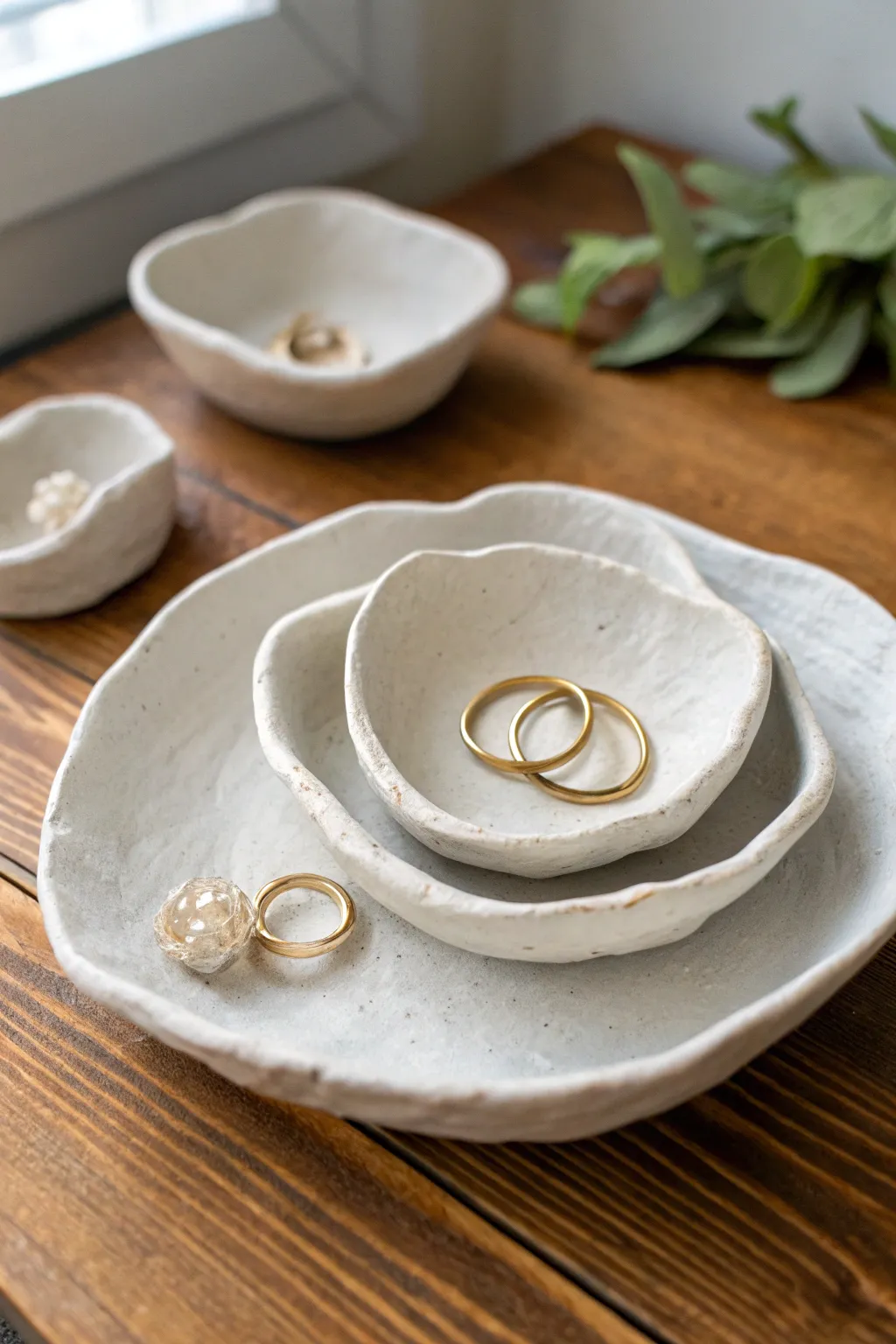 Pebble-shaped slab trinket dishes, nested and minimal, ready for rings and jewelry drops