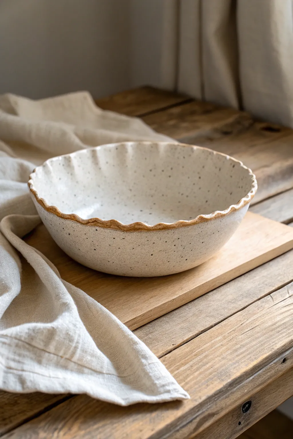 Beginner wavy-edge slab bowl with soft curves, raw clay texture, and calm Scandinavian styling.
