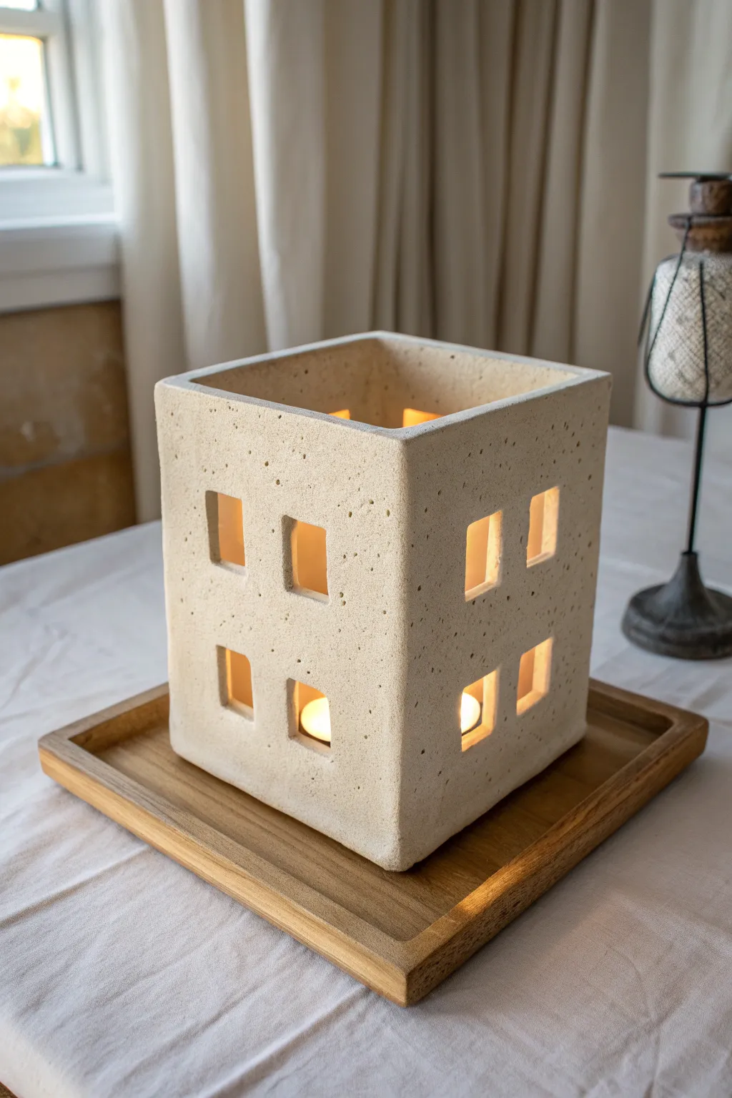 Minimal clay slab box lantern with simple window cutouts and a warm, steady glow.
