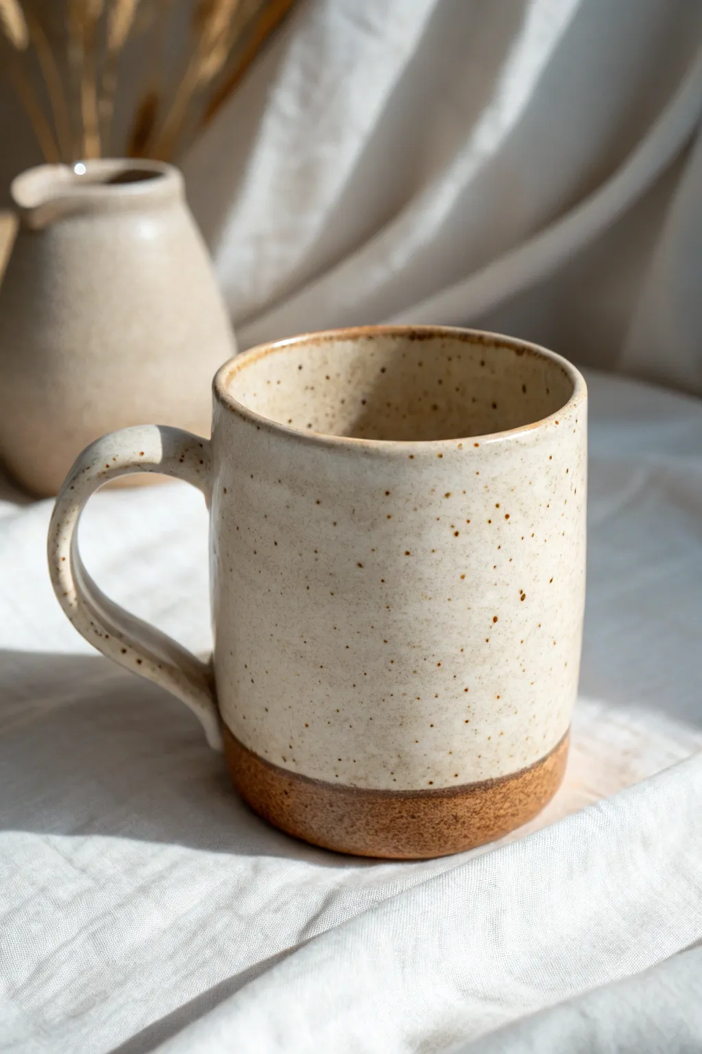 Softly tapered speckled slab mug with a cozy handmade shape and calm minimalist styling