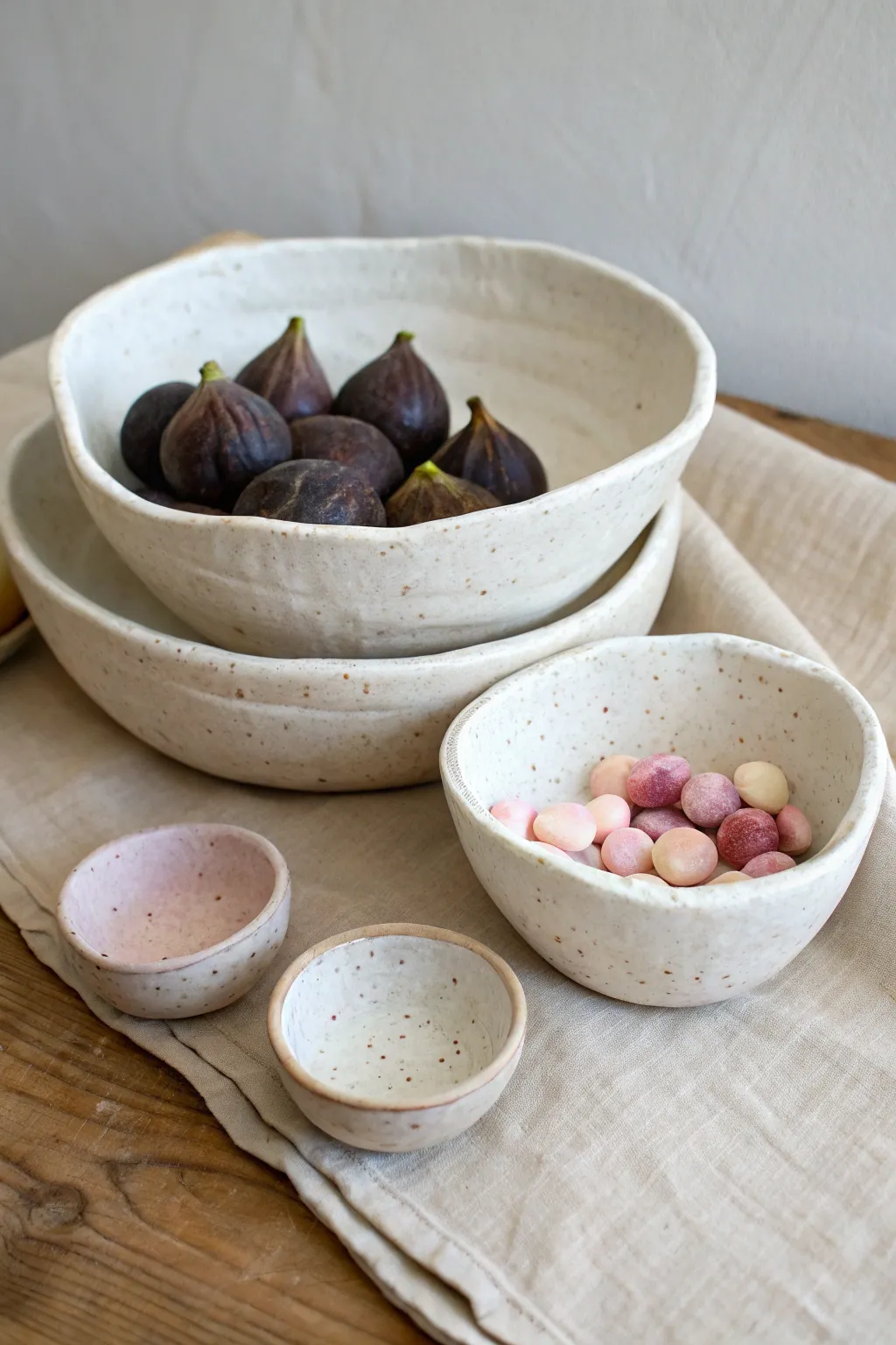 Three gently imperfect slab bowls, nested and styled with figs and soft-wrapped sweets.