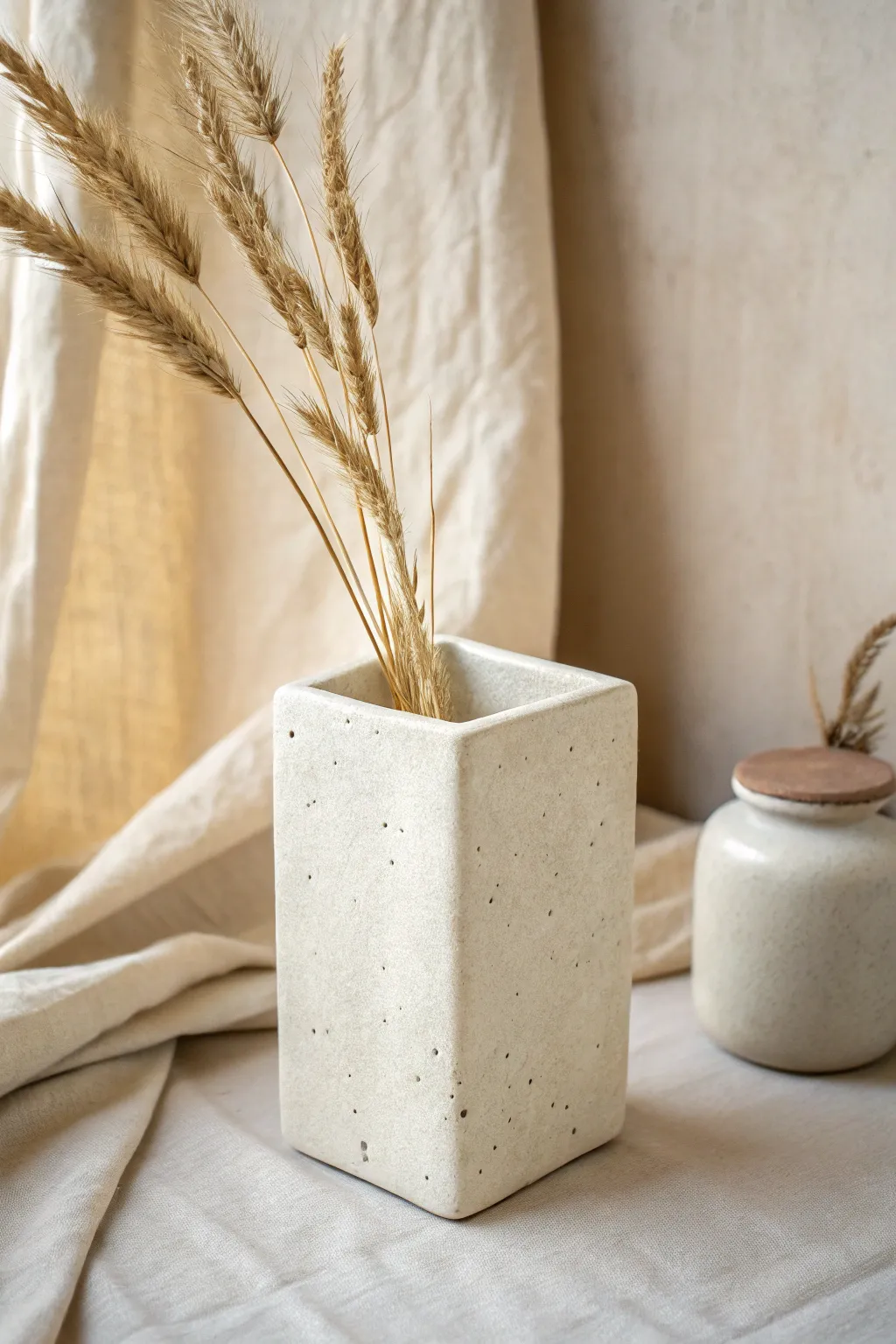 Simple boxy slab vase with crisp corners, styled with dried grasses in soft minimalist tones.