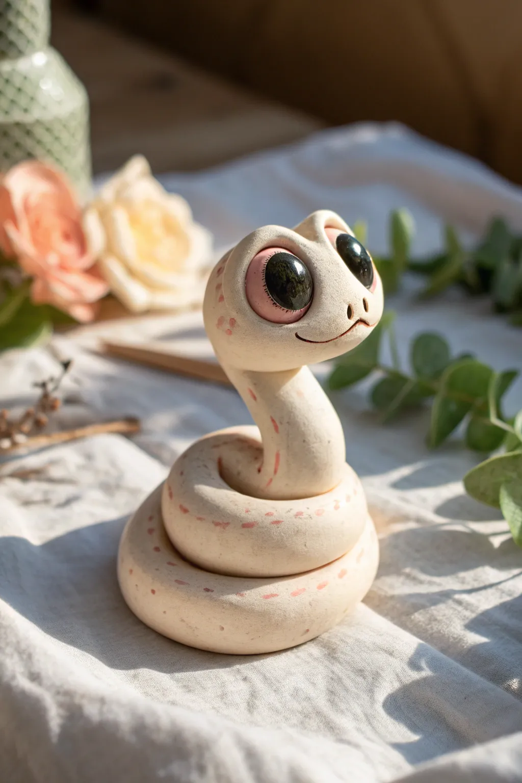 Cute big-eyed clay pocket snake in a soft S-curve, minimalist pastel styling with cozy contrast