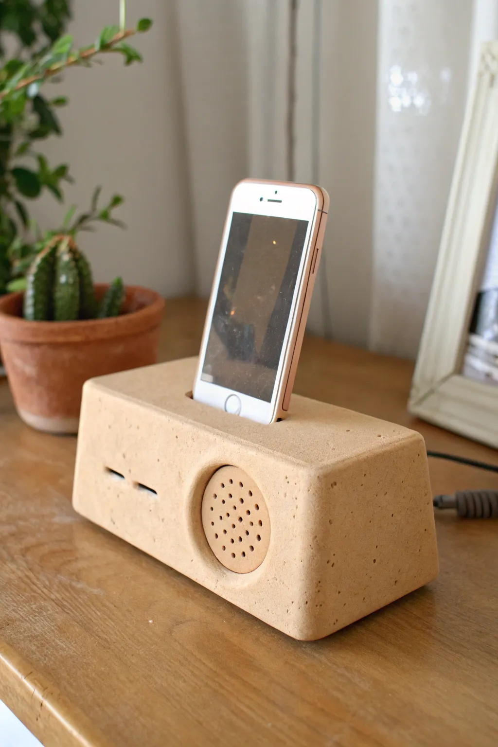 Simple clay phone speaker dock with a clean slot and front chamber, minimalist and warm.