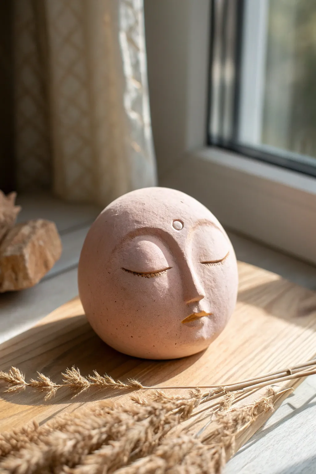 A serene minimalist face sphere in soft clay tones, perfect for modern Scandinavian shelves.
