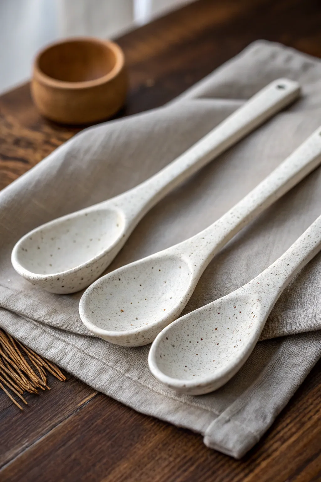 Uniform template-molded clay spoons lined up neatly for a clean minimalist look and handmade charm.