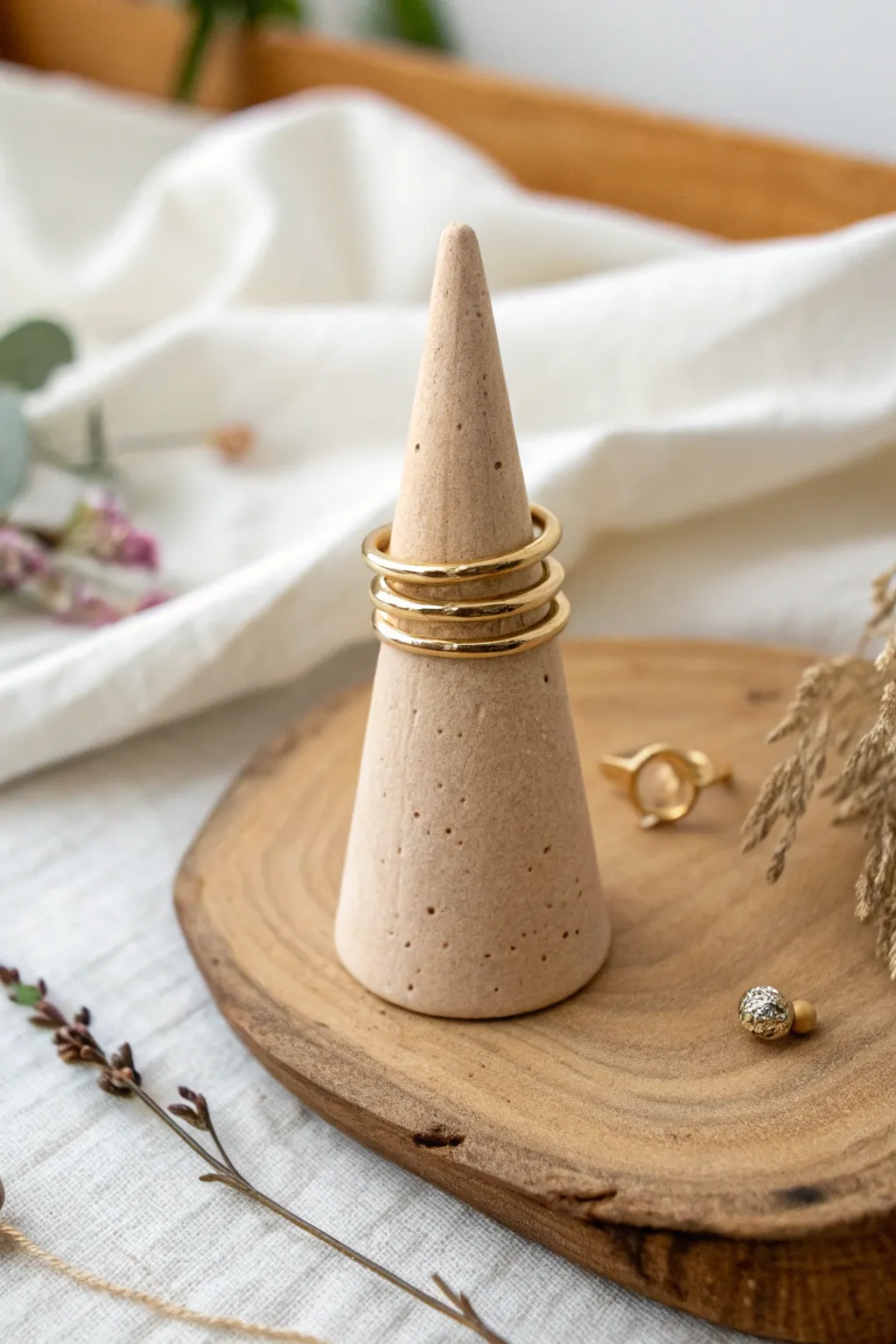 Minimal clay ring cone holder in matte sand-beige, showcasing stacked rings with soft light.