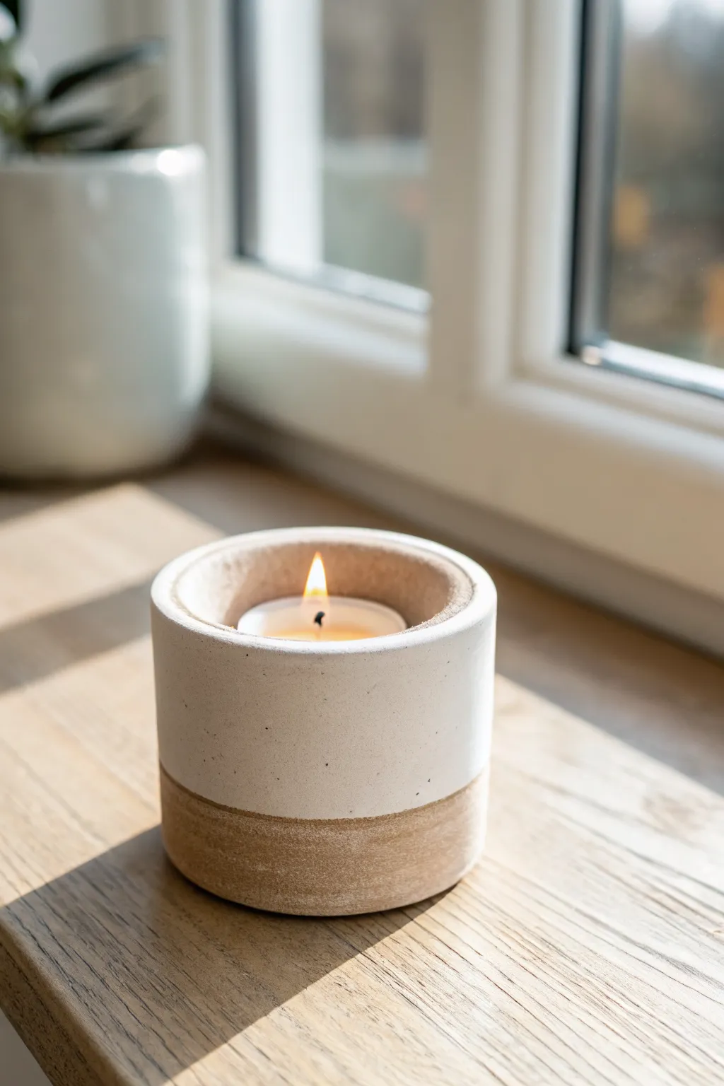 Smooth minimalist clay cylinder tea light holder in matte beige, glowing softly in morning light.