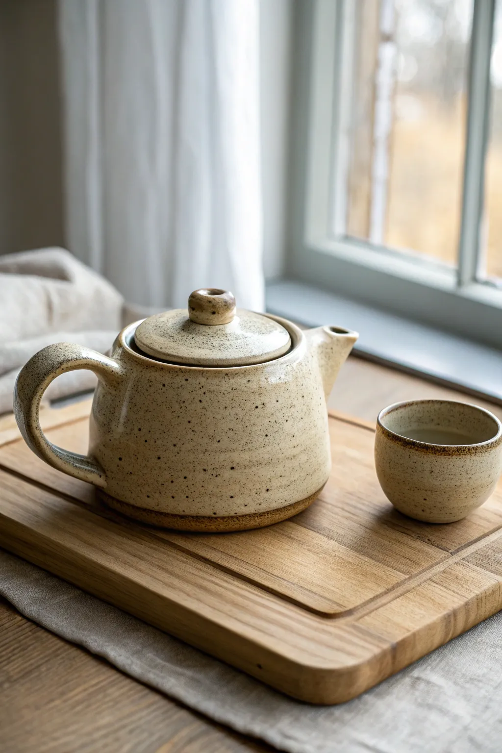 Cozy squat stoneware teapot on oak board, minimalist boho styling for warm everyday tea.