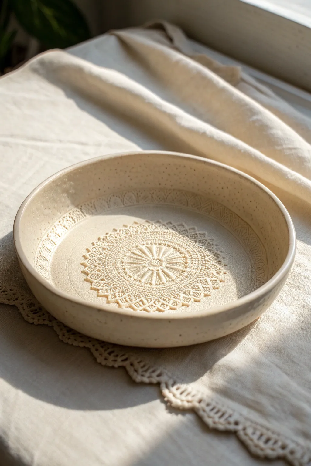 Lace-pressed clay dish with a smooth rim, soft light, and crisp texture contrast