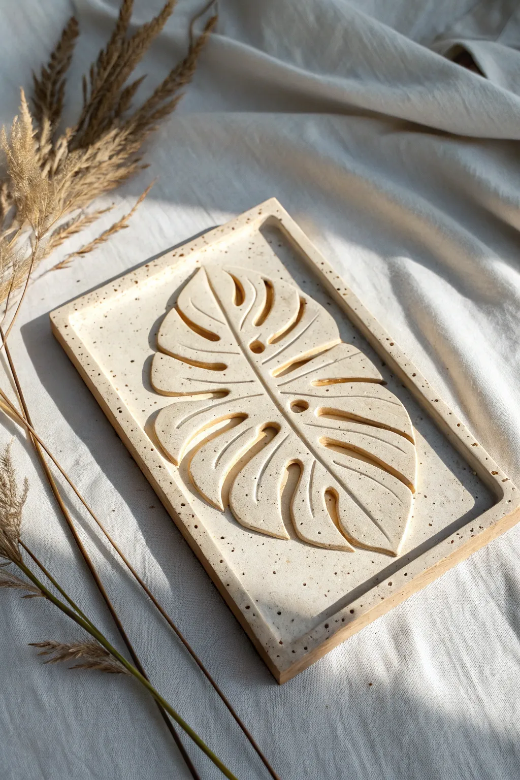Minimal monstera leaf relief tile with crisp veins and cutouts, framed by a clean border