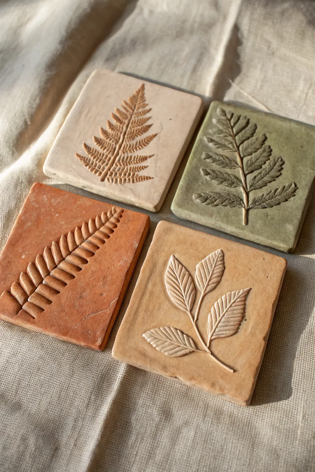Minimal fern and leaf impression clay tiles in earthy matte tones for serene boho decor.
