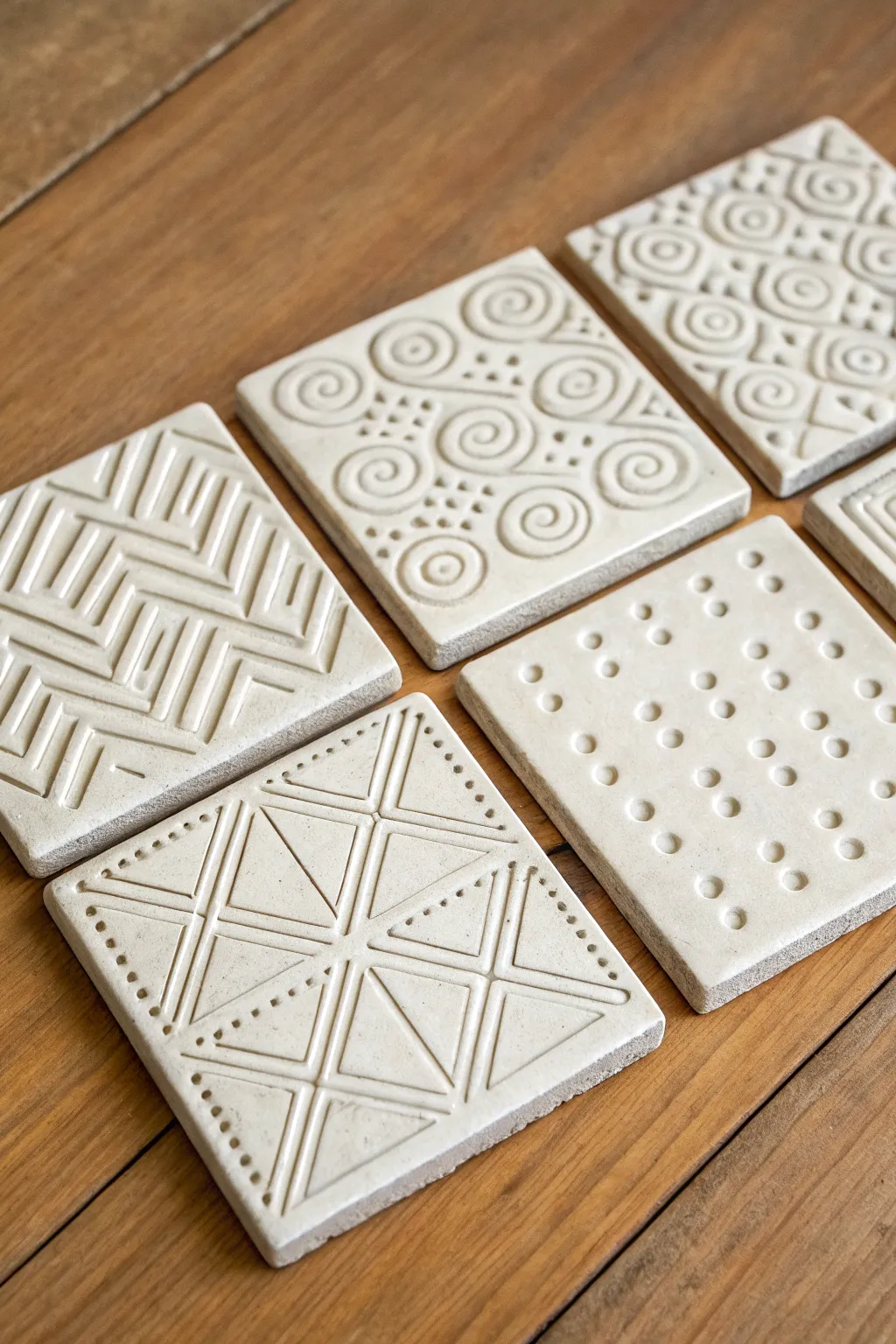 Minimal stamped clay tiles in a crisp geometric set, perfect for clean Scandinavian decor.