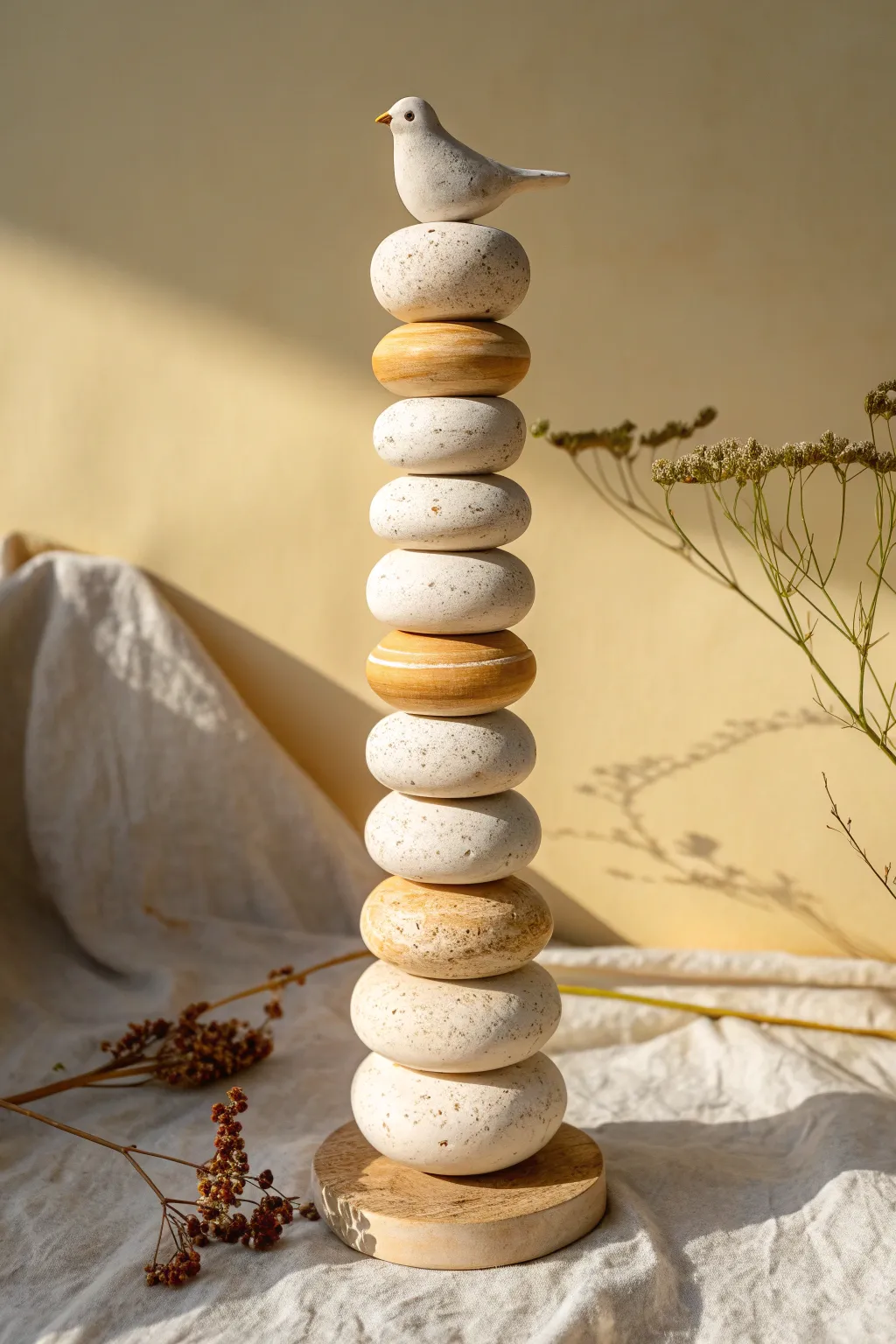 Minimalist clay totem with bird topper and spacer discs, calm Scandinavian-boho vibe.