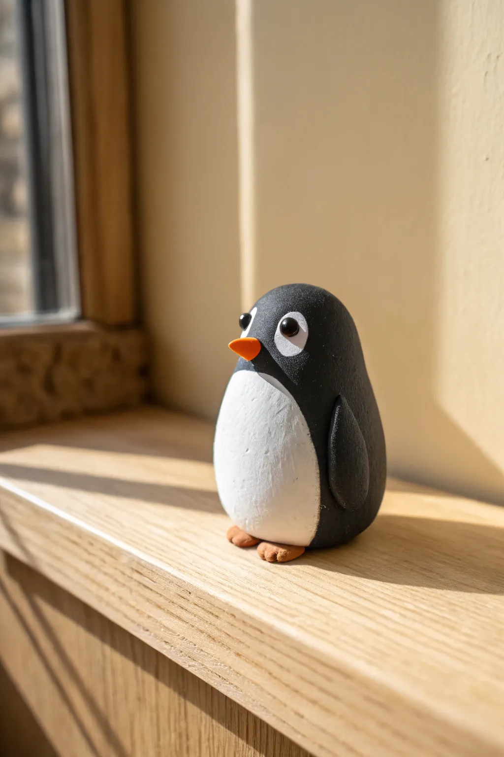 Sweet little clay penguin mini figure with big eyes and clean lines, perfect toy idea.