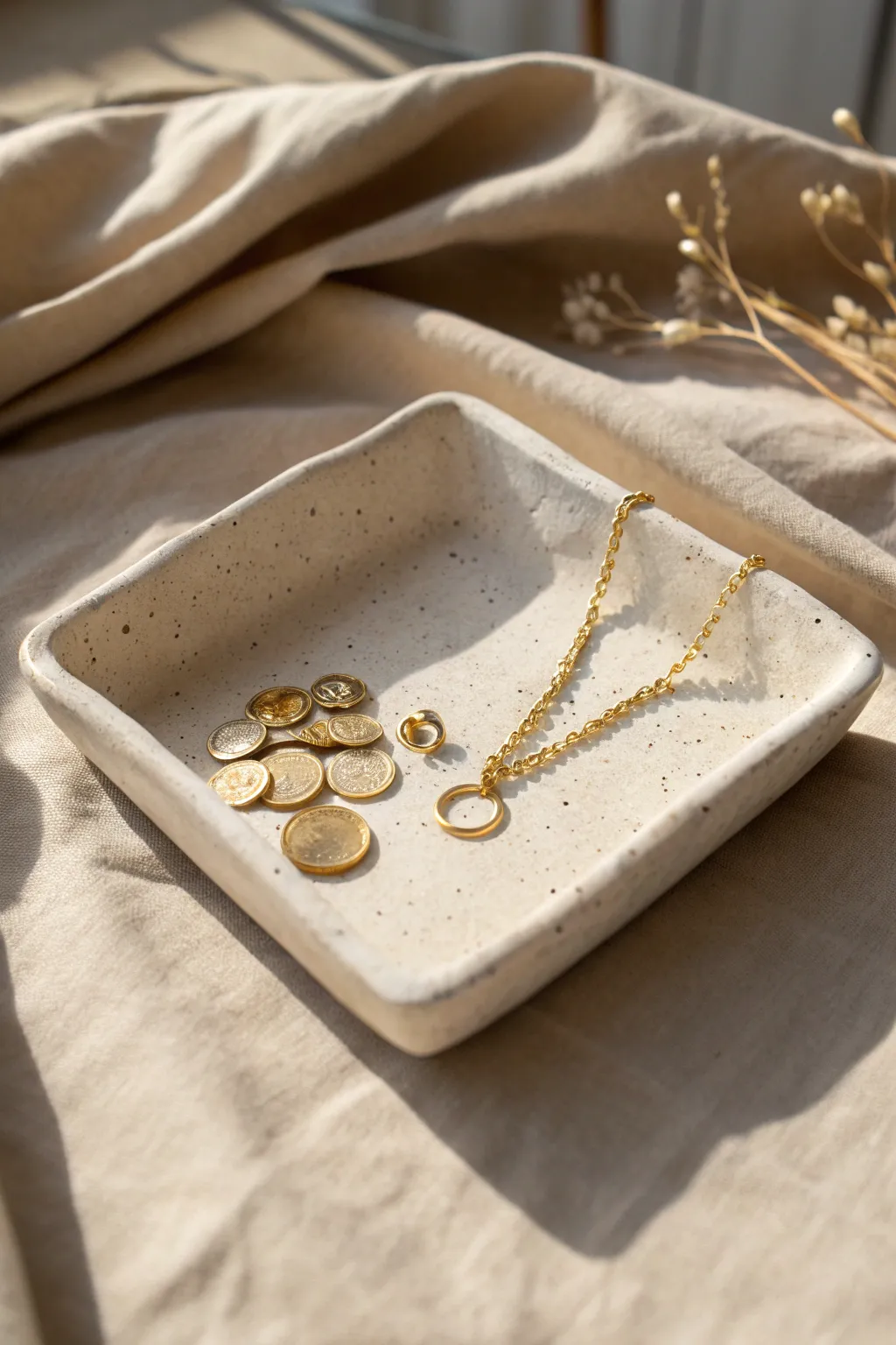 Pinched-corner square clay tray idea, perfect for jewelry and coins on a calm linen backdrop