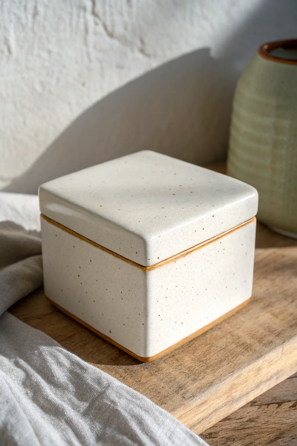 Clean square slab-built trinket box with crisp edges, matte glaze, and calm Scandi-boho style.